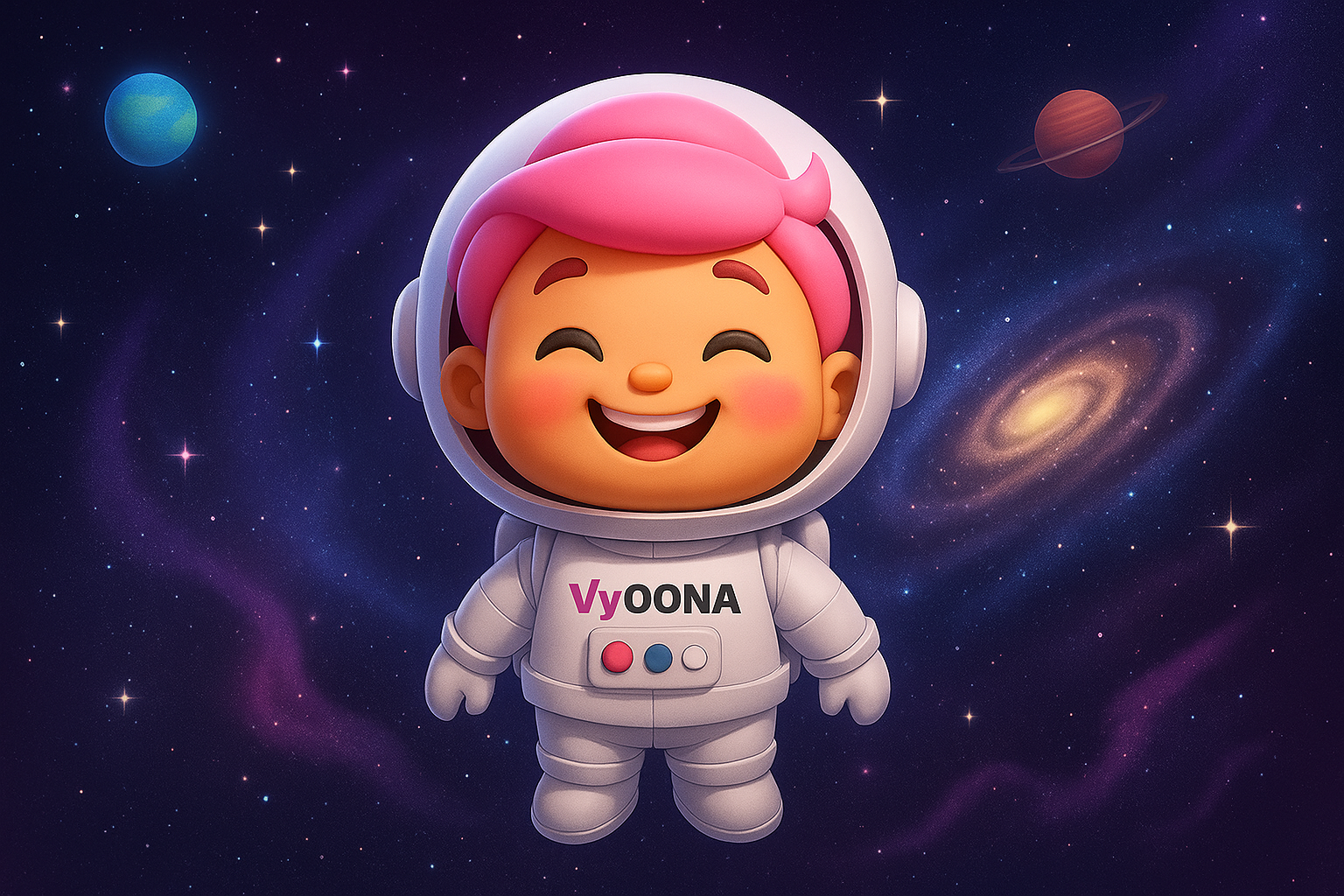 Vy, avatar digital da VyOONA como astronauta no espaço, representando inovação e crescimento para microempresas com IA.